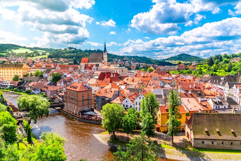 Panoramic view of Český Krumlov with St Vitus church.