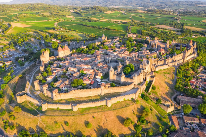 Medieval castle town of Carcassonne at sunset, France.