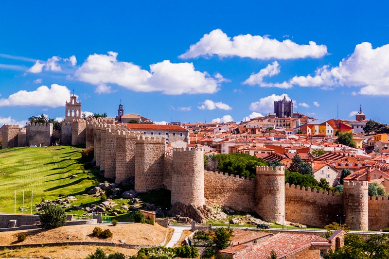 Panorama of city walls of Old Town of Ávila, Spain.