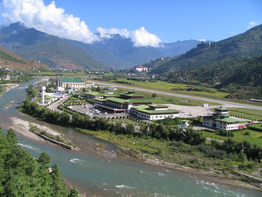 Paro Airport runway surrounded by Himalayan peaks
