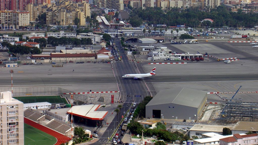 Runway crossing main road at Gibraltar International Airport